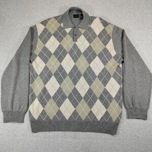 Forte Silk Cashmere Collared Sweater Mens Gray Argyle Knit Long Sleeve Preppy